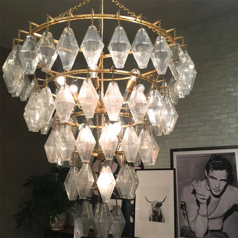 Simple design of wrought iron to make old lamp luxury villa living room stairs long chandelier luxury prismatic glass light