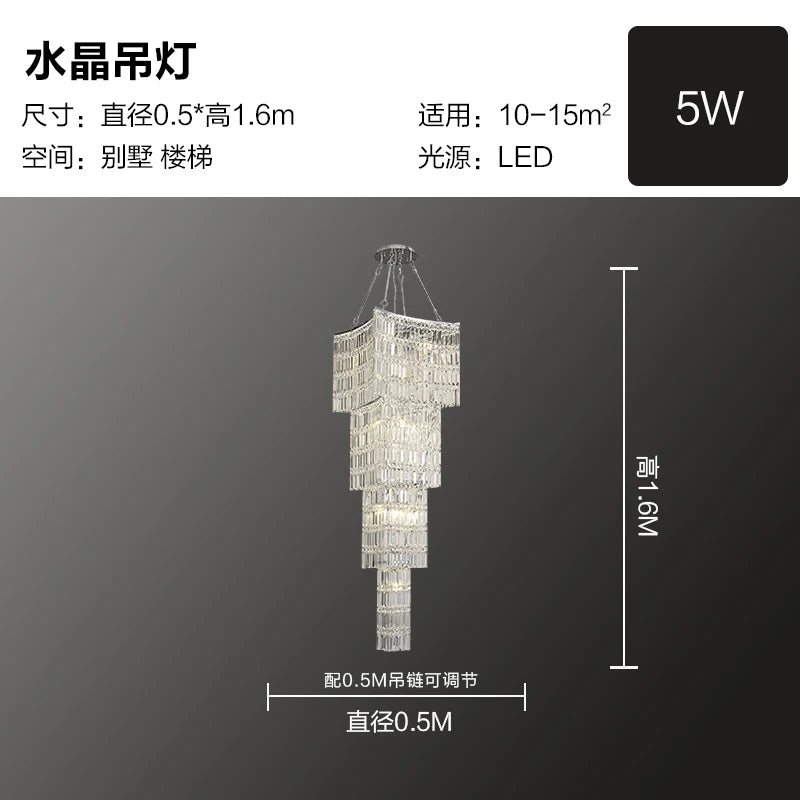 Simple light luxury stairwell crystal chandelier personality villa spiral staircase luxury duplex restaurant lighting