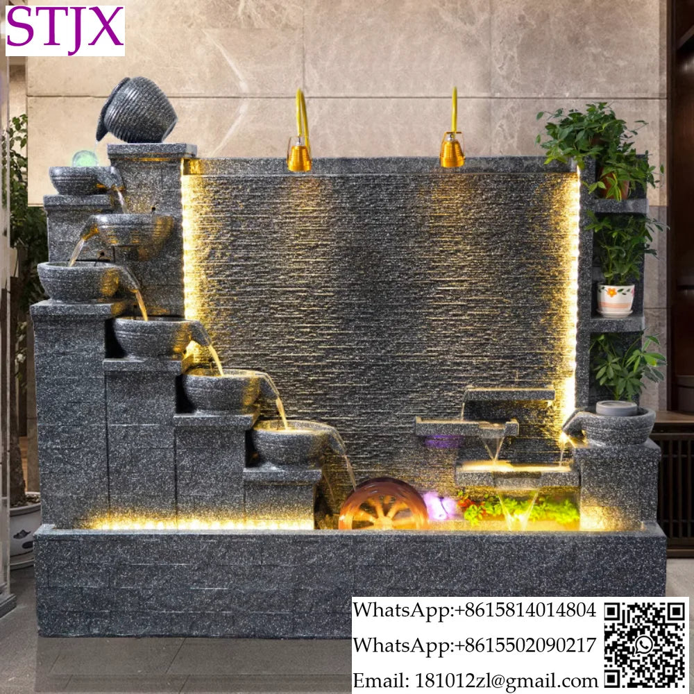 Simple modern light luxury fountain flowing water decoration Villa hall floor-to-ceiling water curtain wall background wall