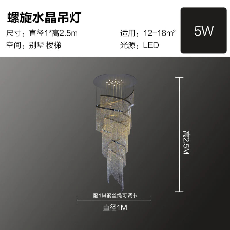 Simple spiral crystal chandelier living room villa personality stairwell restaurant duplex building luxury atmospheric lighting