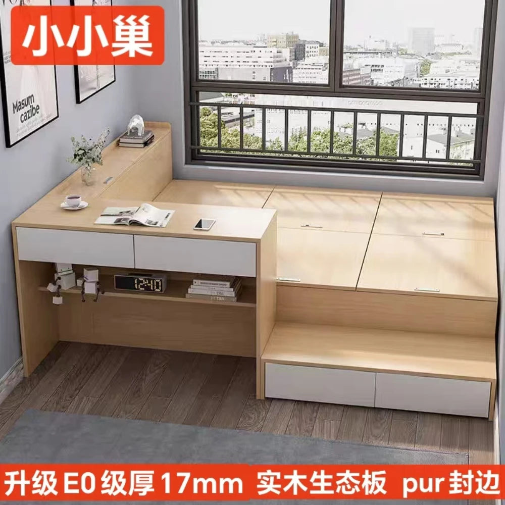 Small sized tatami bed, customized solid wood single bed, desk integrated, children's cabinet combination, multifunctional stora