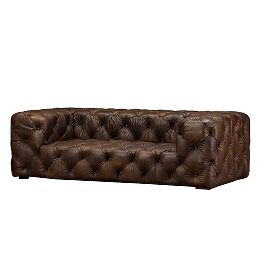 Sofa: Vintage industrial style living room, cowhide Italian light luxury full pull button three-seat sofa