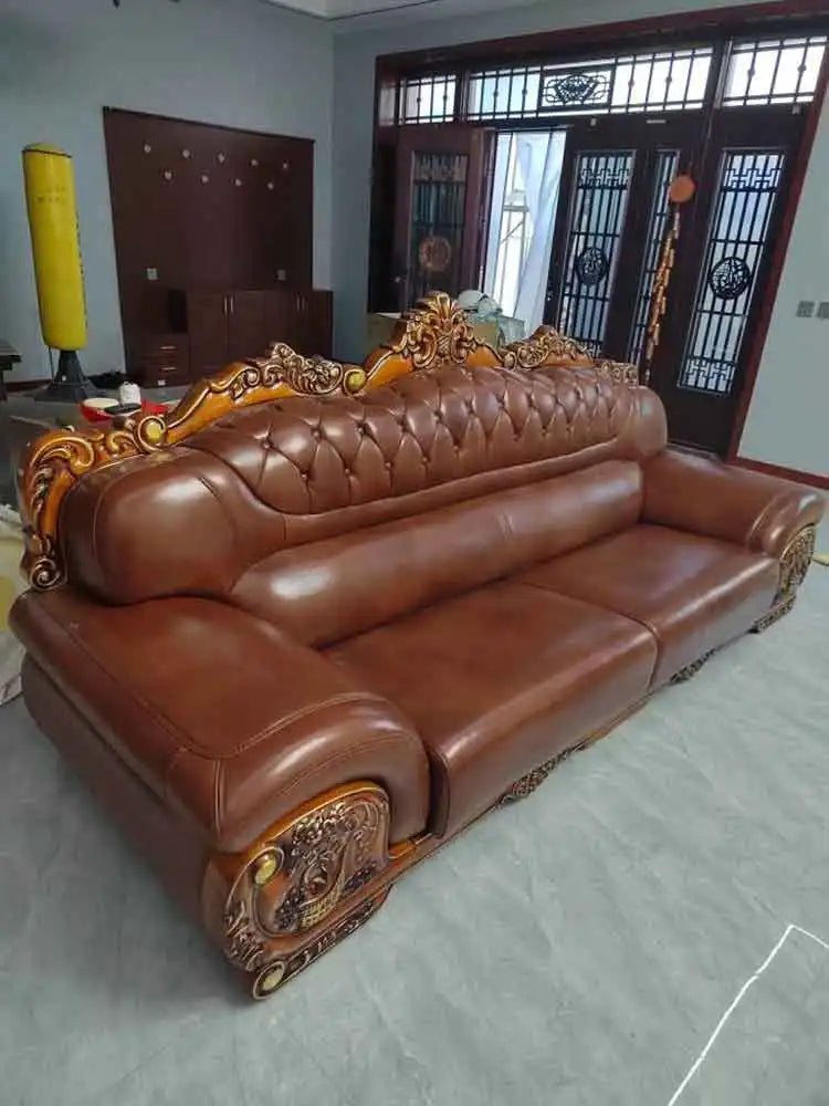 Sofa top layer cowhide living room combination three person solid wood thick leather large unit