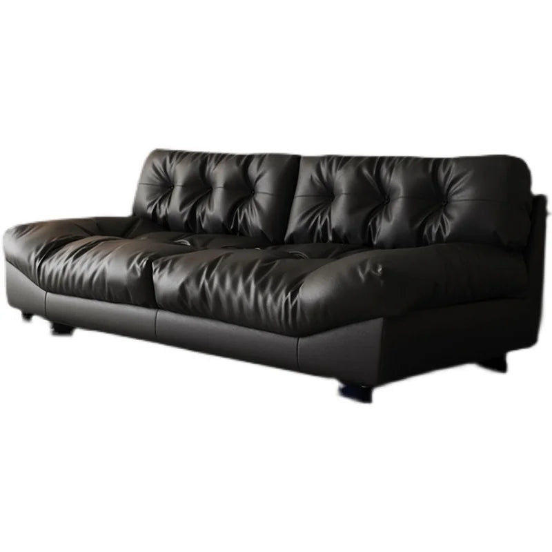 Sofa top layer cowhide technology fabric small apartment living room black straight row three people.