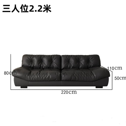 Sofa top layer cowhide technology fabric small apartment living room black straight row three people.
