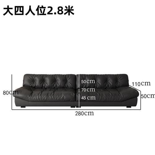 Sofa top layer cowhide technology fabric small apartment living room black straight row three people.