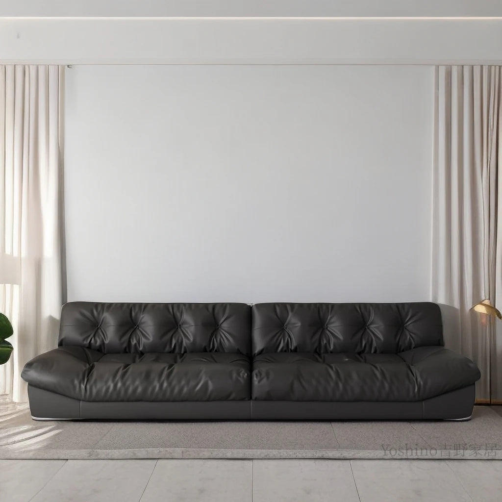 Sofa top layer cowhide technology fabric small apartment living room black straight row three people.
