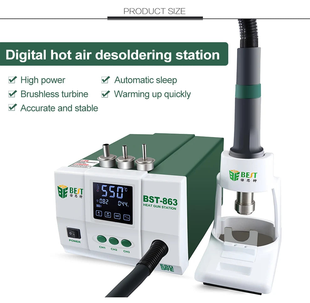 Soldering Iron Station 1200W Hot Air Rework High Power ESD Safe BGA SMD Welding Equipment with Digital Touch Screen Hot Air