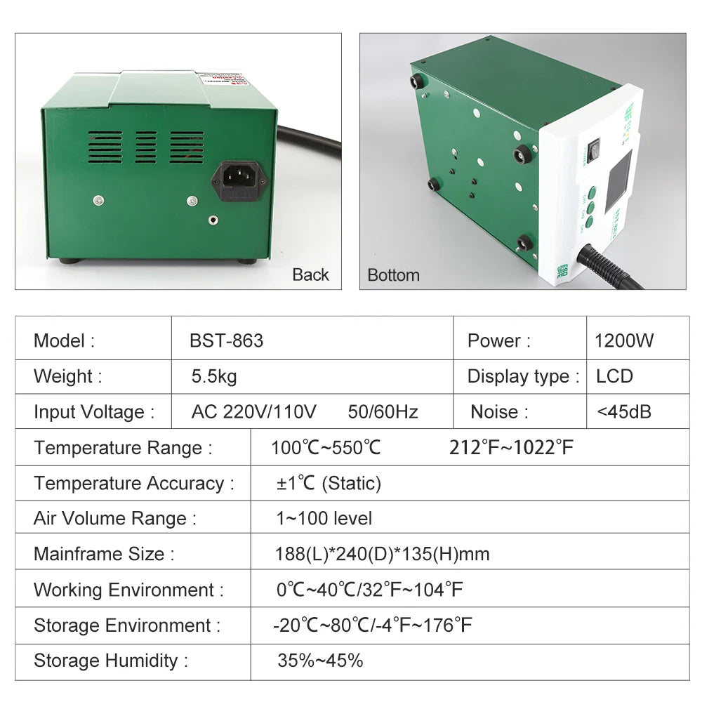 Soldering Iron Station 1200W Hot Air Rework High Power ESD Safe BGA SMD Welding Equipment with Digital Touch Screen Hot Air