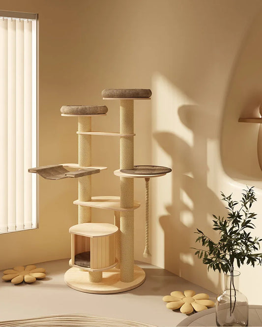 Solid wood cat climbing frame cat tree cat nest integrated multi-layer large cat rack grinding claw column cat with nest climbi