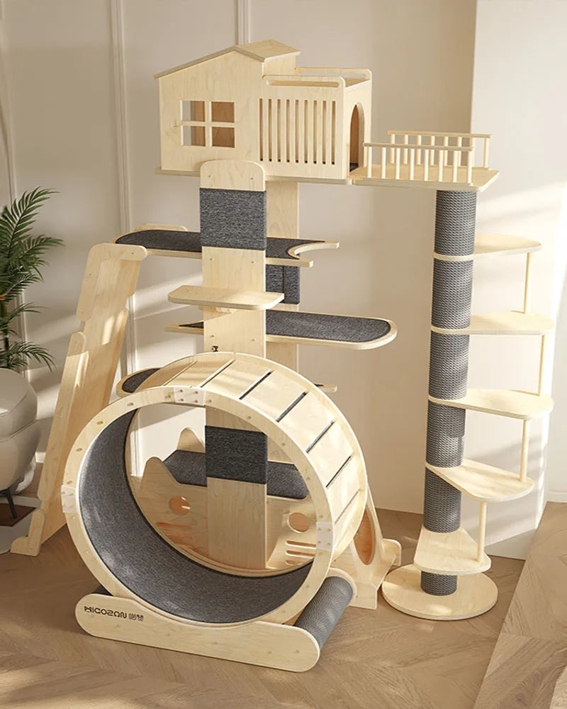 Solid wood cat climbing frame, large cat tree, small cat nest villa, luxury grab board, sky-pillar diving platform