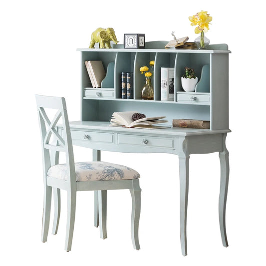 Solid wood desk stool, idyllic American style bedroom, European bookcase, study table combination