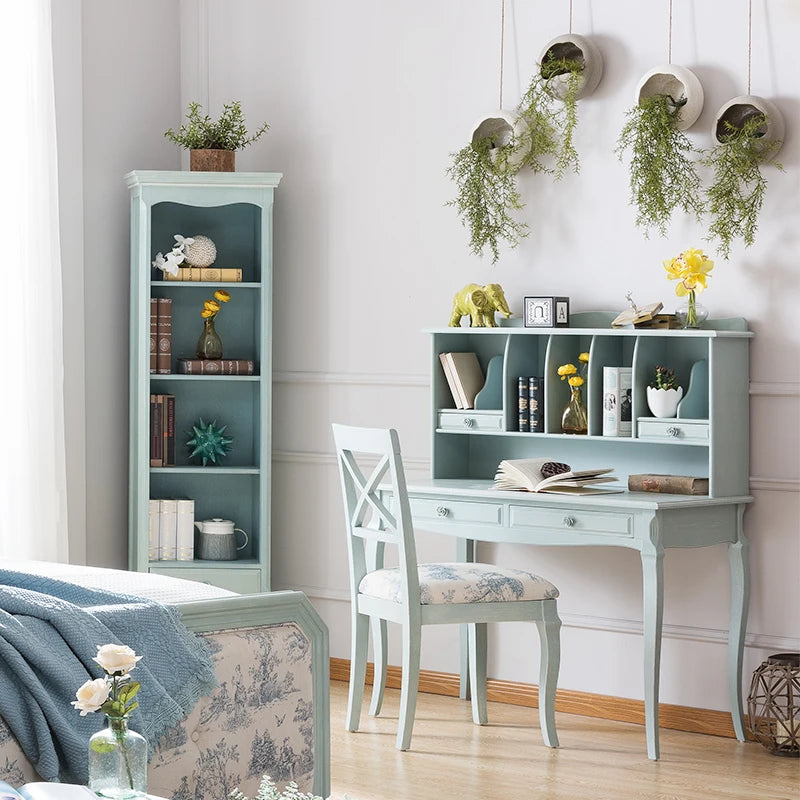 Solid wood desk stool, idyllic American style bedroom, European bookcase, study table combination