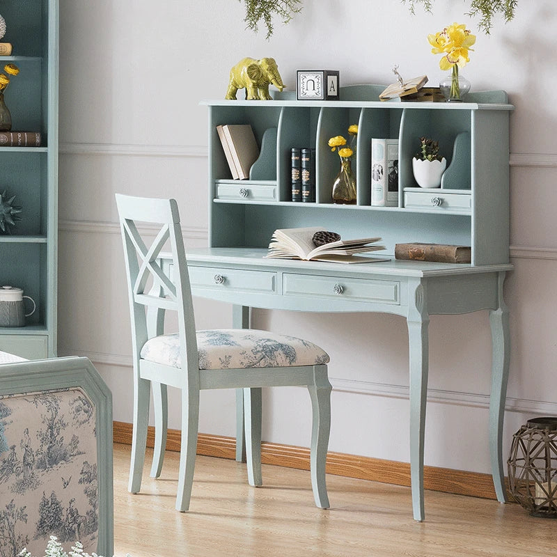 Solid wood desk stool, idyllic American style bedroom, European bookcase, study table combination