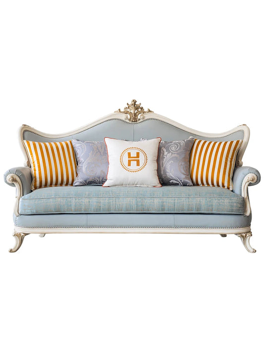 Solid wood, genuine leather, three person sofa, European style matte gold foil, used furniture