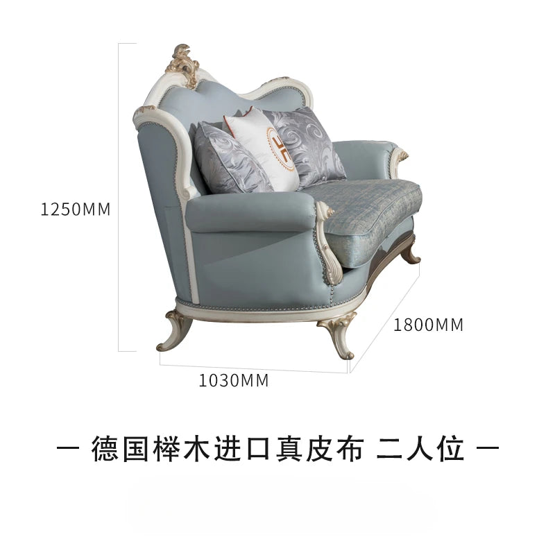 Solid wood, genuine leather, three person sofa, European style matte gold foil, used furniture