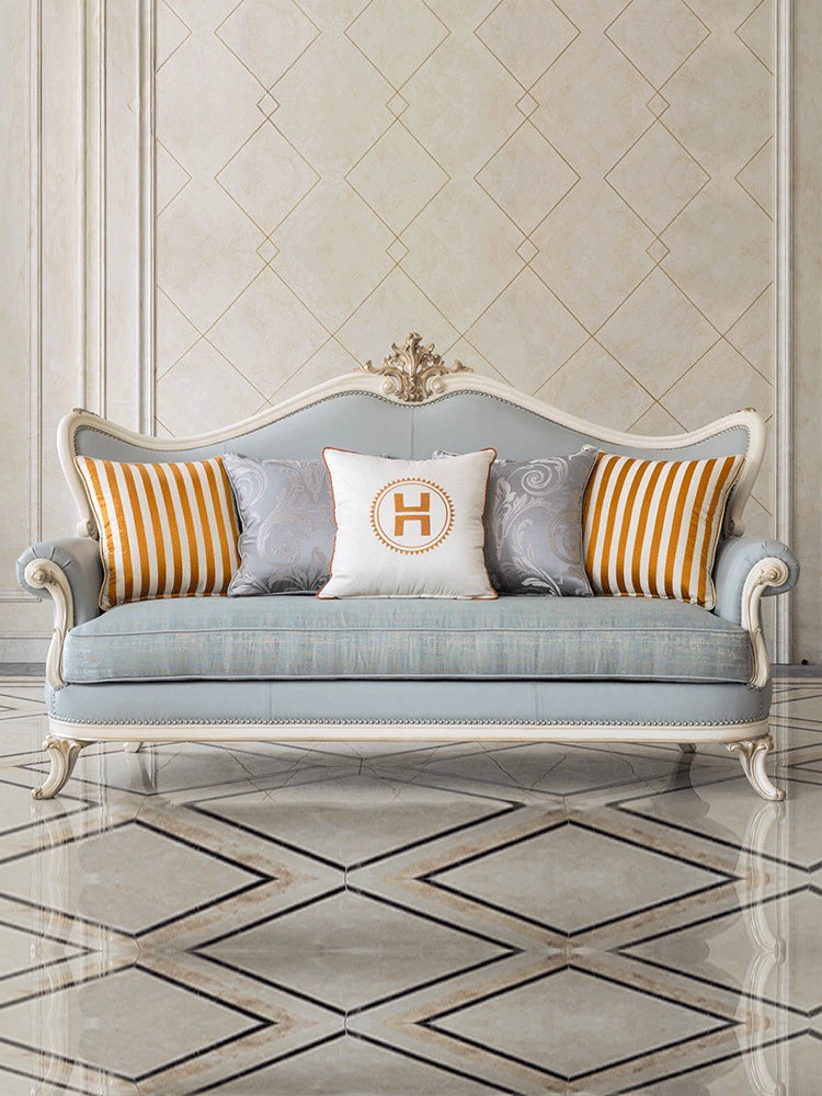 Solid wood, genuine leather, three person sofa, European style matte gold foil, used furniture