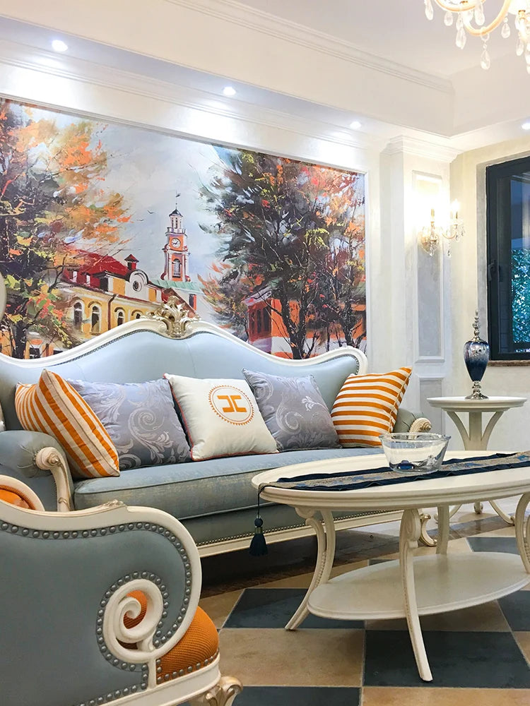 Solid wood, genuine leather, three person sofa, European style matte gold foil, used furniture