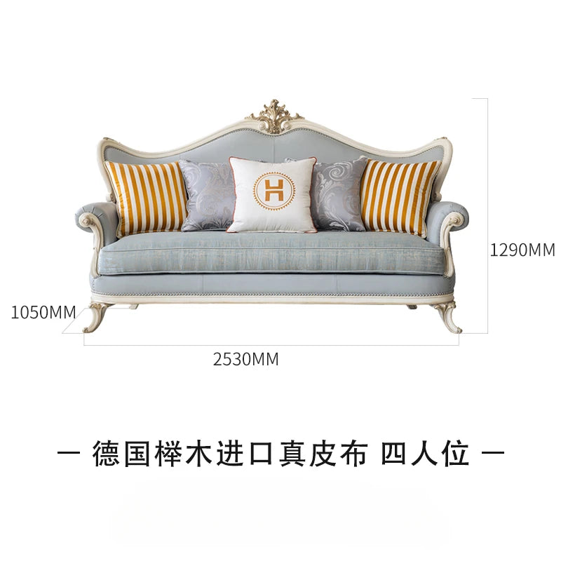 Solid wood, genuine leather, three person sofa, European style matte gold foil, used furniture