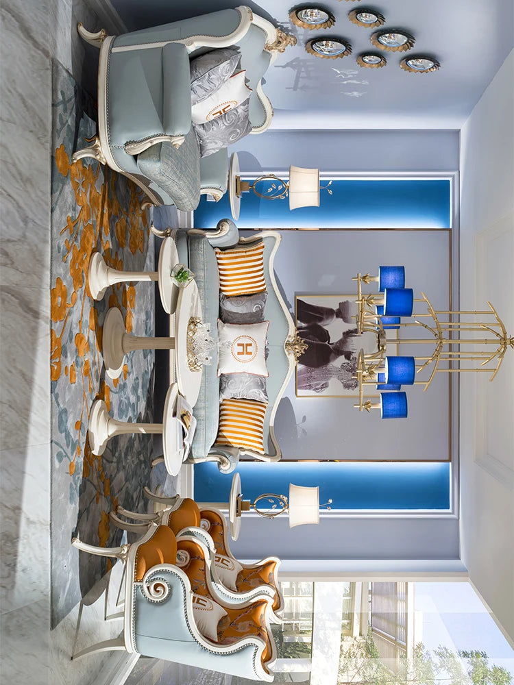 Solid wood, genuine leather, three person sofa, European style matte gold foil, used furniture