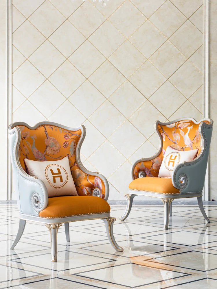 Solid wood, genuine leather, three person sofa, European style matte gold foil, used furniture