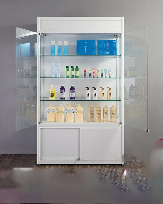 Solid wood light box with double open glass door and lock cosmetic display shelf beauty baby bag display hand-held cabinet
