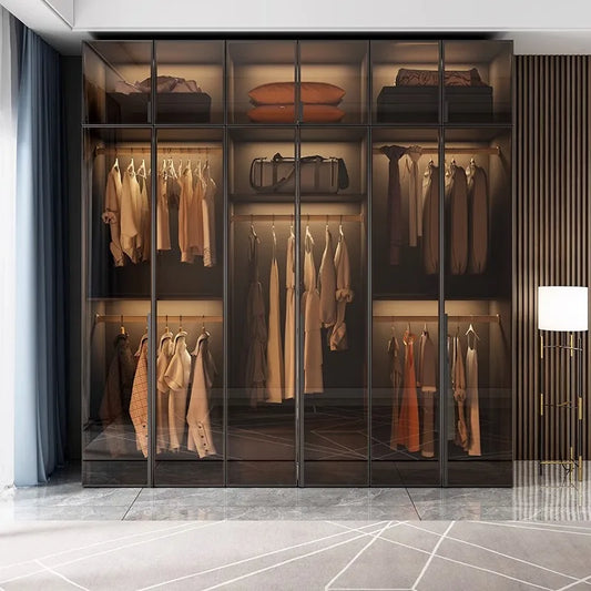 Solid wood wardrobe, glass door, L-shaped light luxury corner wardrobe