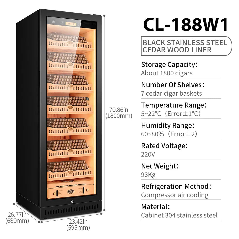 Spanish Cedar Wood Inner Cigar Humidor Electric Cooler Refrigerator Compressor 1600PCS Capacity Thermostatic Moisturizing 188W1