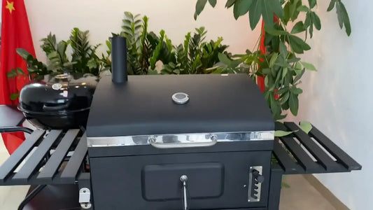 Square Trolley Cast Iron Grill Smoker with Chimney Charcoal Barbecue with Lid 152x73x137cm