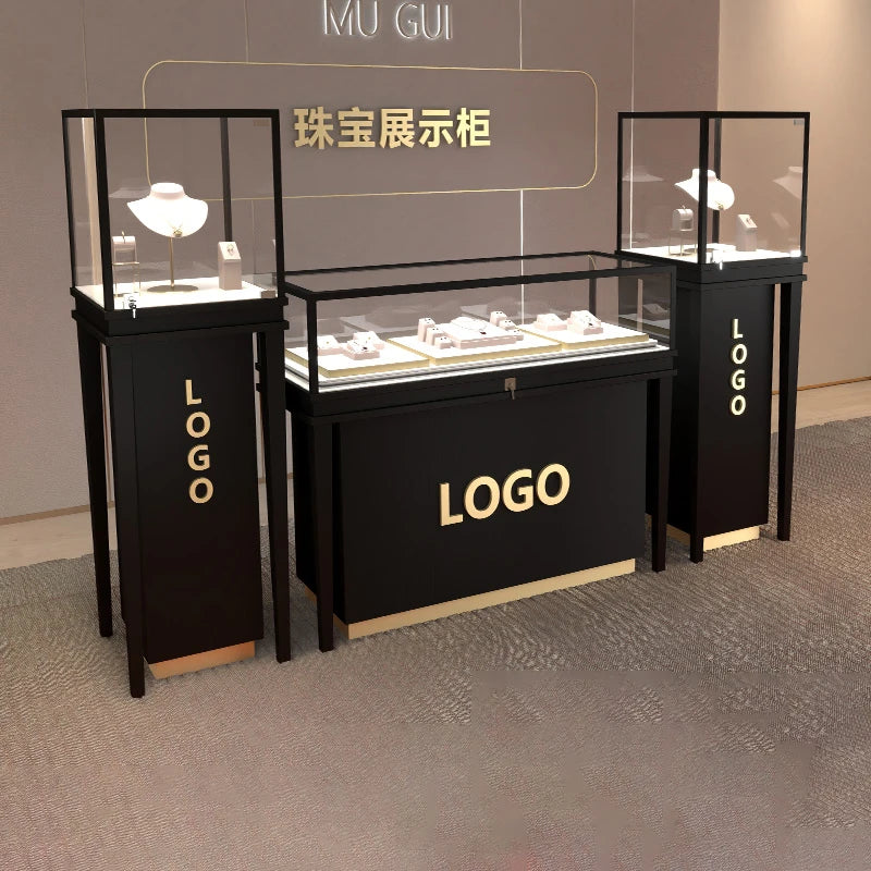 Stainless steel gold jewelry display cabinet, high-end jewelry display rack, glass counter display cabinet