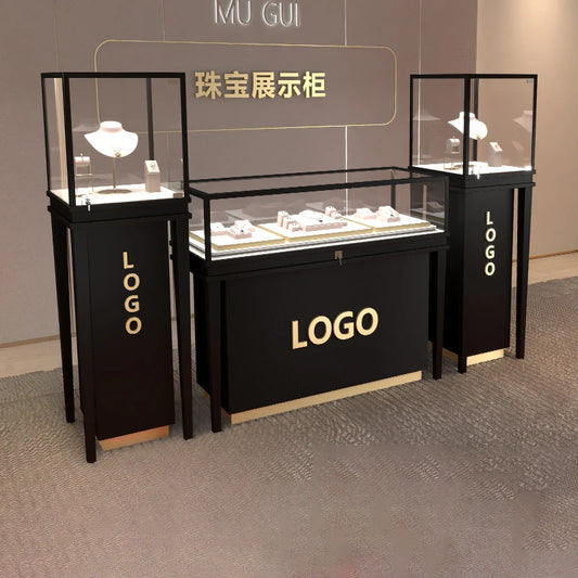 Stainless steel gold jewelry display cabinet, high-end jewelry display rack, glass counter display cabinet