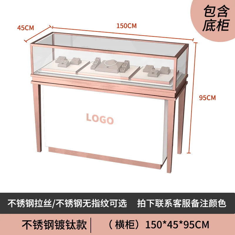 Stainless steel gold jewelry display cabinet, high-end jewelry display rack, glass counter display cabinet