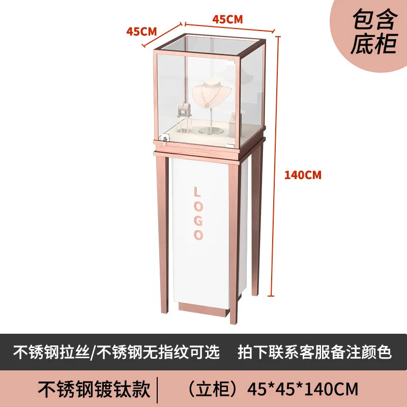 Stainless steel gold jewelry display cabinet, high-end jewelry display rack, glass counter display cabinet