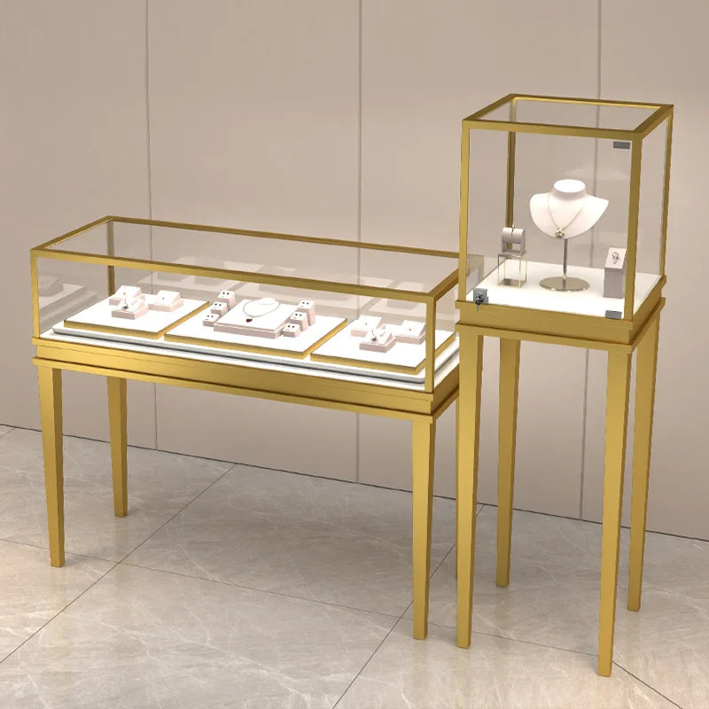 Stainless steel gold jewelry display cabinet, high-end jewelry display rack, glass counter display cabinet