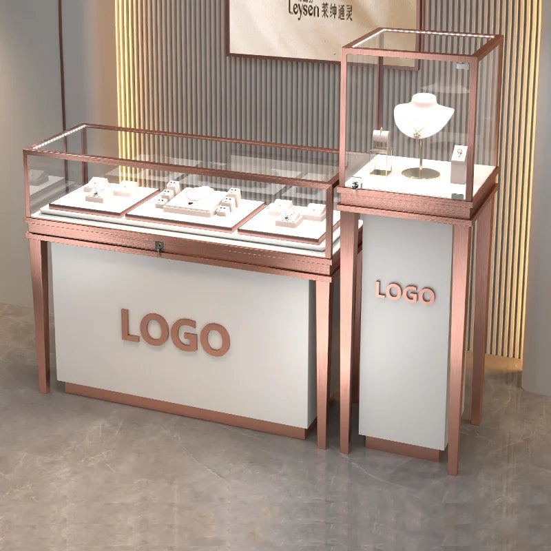 Stainless steel gold jewelry display cabinet, high-end jewelry display rack, glass counter display cabinet