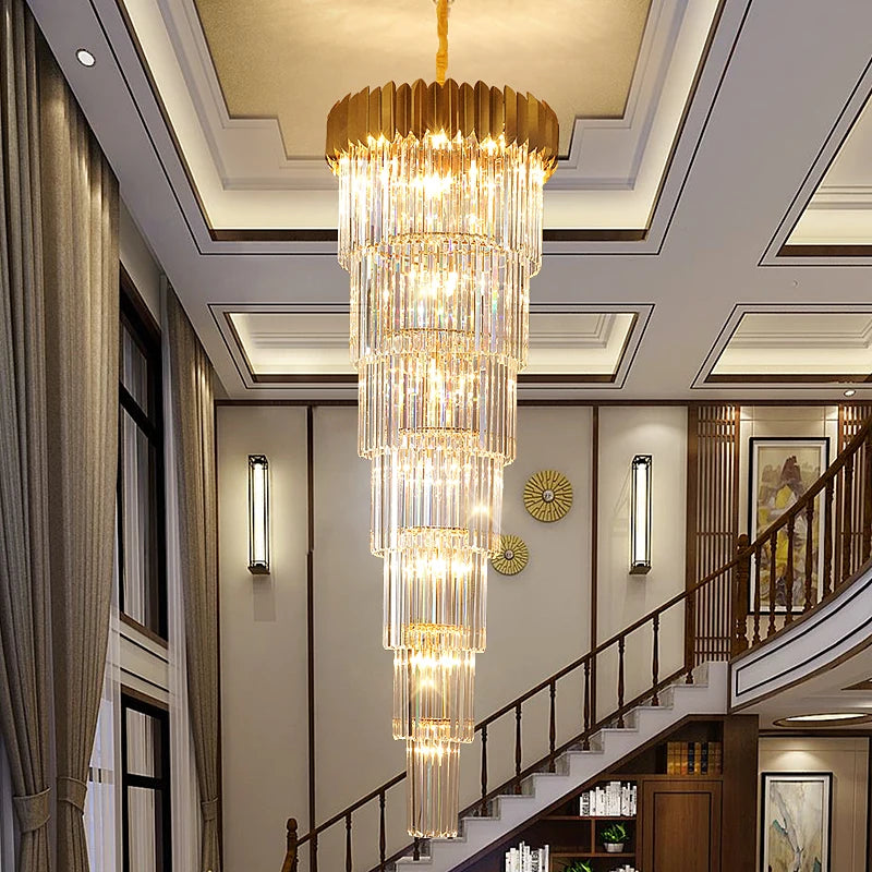Stairs Long Chandelier Villa Hotel Hall Rotating Large Chandelier Ceiling Modern Duplex Floor Living Room Crystal Hanging Light