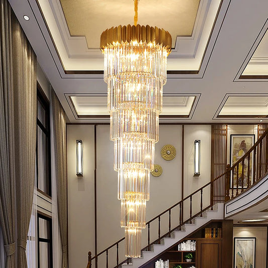 Stairs Long Chandelier Villa Hotel Hall Rotating Large Chandelier Ceiling Modern Duplex Floor Living Room Crystal Hanging Light