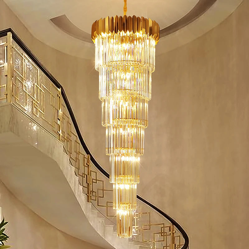 Stairs Long Chandelier Villa Hotel Hall Rotating Large Chandelier Ceiling Modern Duplex Floor Living Room Crystal Hanging Light
