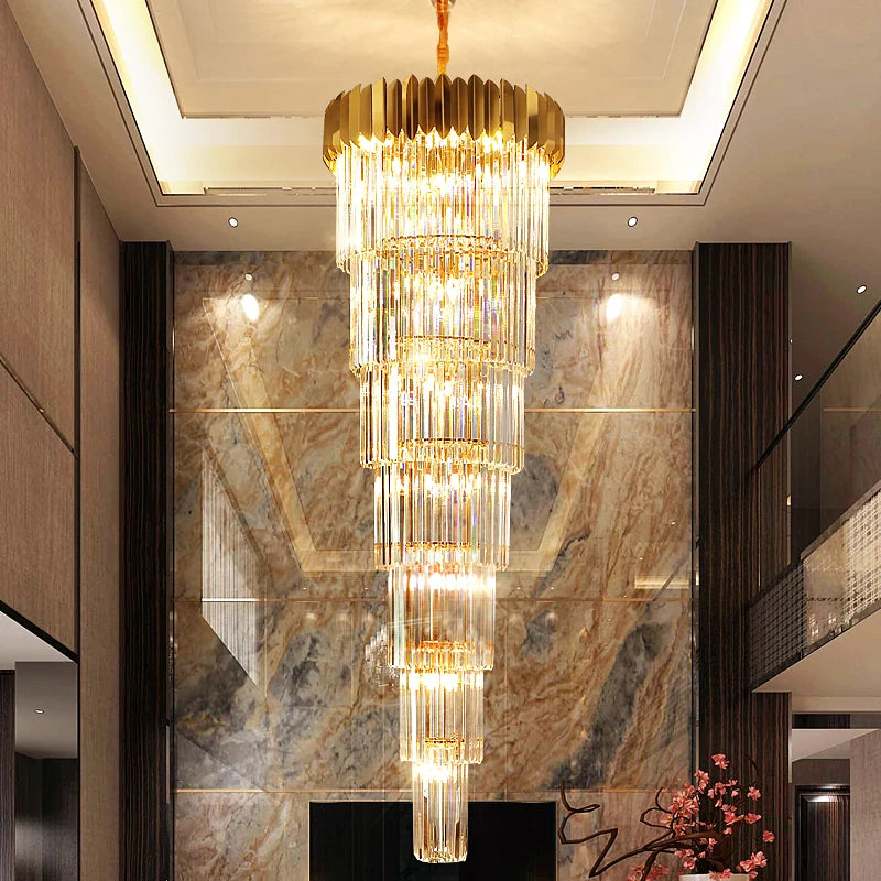 Stairs Long Chandelier Villa Hotel Hall Rotating Large Chandelier Ceiling Modern Duplex Floor Living Room Crystal Hanging Light