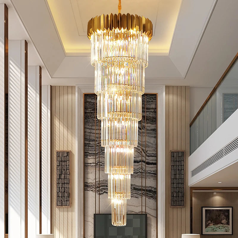 Stairs Long Chandelier Villa Hotel Hall Rotating Large Chandelier Ceiling Modern Duplex Floor Living Room Crystal Hanging Light