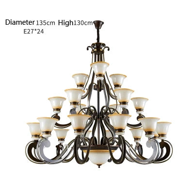 Stairwell Led E27 Metal Lamp large Frosted Glass Chandeliers Foyer Villa Hotel Hall Iron Chandelier New Arrival glass lampshade