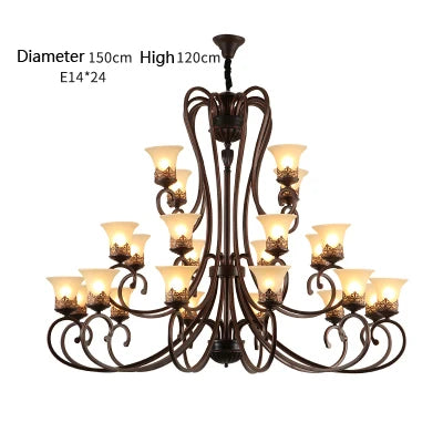 Stairwell Led E27 Metal Lamp large Frosted Glass Chandeliers Foyer Villa Hotel Hall Iron Chandelier New Arrival glass lampshade