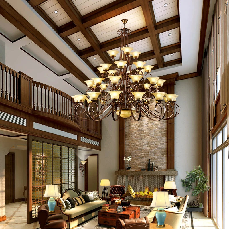 Stairwell Led E27 Metal Lamp large Frosted Glass Chandeliers Foyer Villa Hotel Hall Iron Chandelier New Arrival glass lampshade