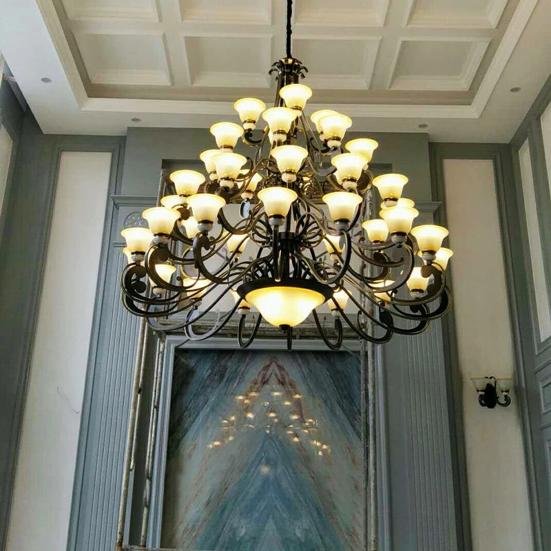 Stairwell Led E27 Metal Lamp large Frosted Glass Chandeliers Foyer Villa Hotel Hall Iron Chandelier New Arrival glass lampshade