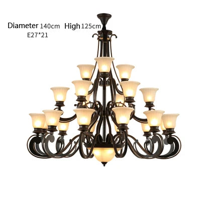 Stairwell Led E27 Metal Lamp large Frosted Glass Chandeliers Foyer Villa Hotel Hall Iron Chandelier New Arrival glass lampshade