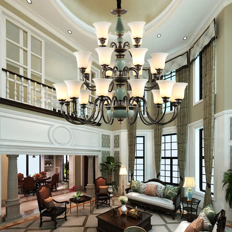 Stairwell Led E27 Metal Lamp large Frosted Glass Chandeliers Foyer Villa Hotel Hall Iron Chandelier New Arrival glass lampshade