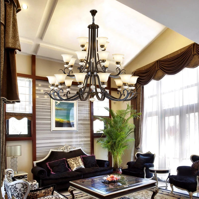 Stairwell Led E27 Metal Lamp large Frosted Glass Chandeliers Foyer Villa Hotel Hall Iron Chandelier New Arrival glass lampshade