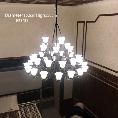 Stairwell Led E27 Metal Lamp large Frosted Glass Chandeliers Foyer Villa Hotel Hall Iron Chandelier New Arrival glass lampshade