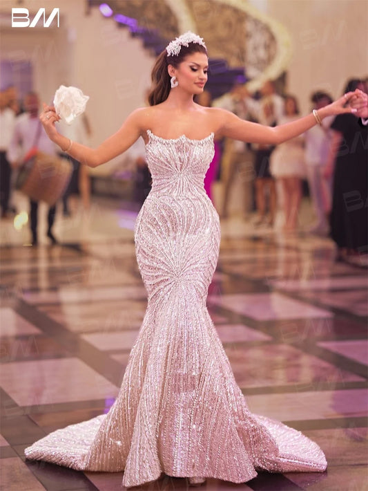 Strapless Exquisite Beading Wedding Dresses For Women Mermaid Sequined Hand-sewn Bride Dress Arabic Bridal Gown Custom Made