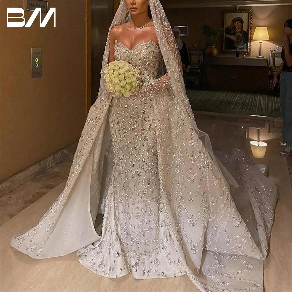 Strapless Mermaid Bride Dresses (Without Veil) Luxury Crystals Bridal Gown Beads Vestidos De Novia Wedding Dresses For Woman